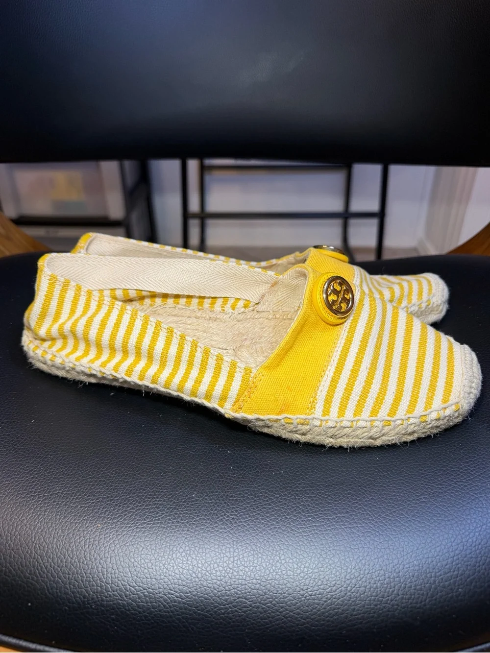 Tory Burch Yellow and White Striped Espadrille Flats with Gold Logo Sz 10 M